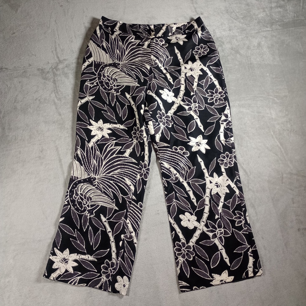 i(E Silk Wide Leg Pants Womens 8 Black White Floral Bird Batik Print Trousers